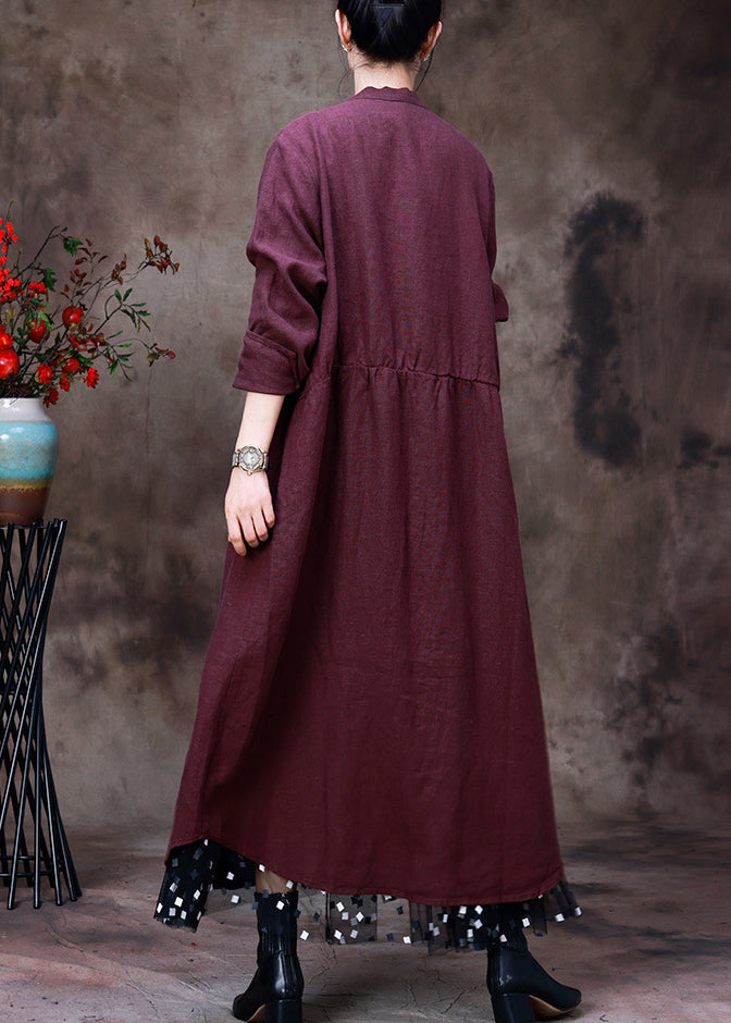 Handmade Purple V Neck Embroideried Patchwork tie waist Linen Cardigans Half Sleeve