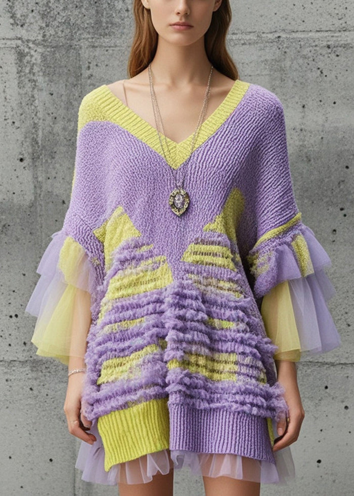 Handmade Purple V Neck Patchwork Knit Dress Flare Sleeve