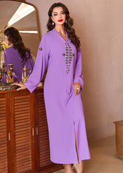 Handmade Purple Zircon Hooded Chiffon Maxi Dresses Fall