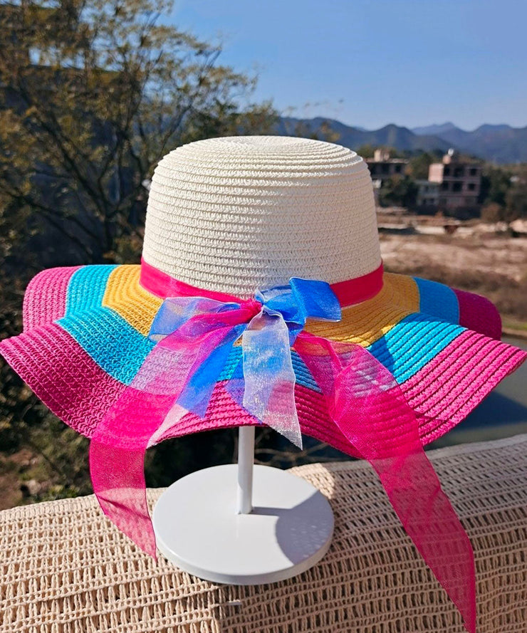 Handmade Rainbow Stripe Straw Woven Floppy Sun Hat