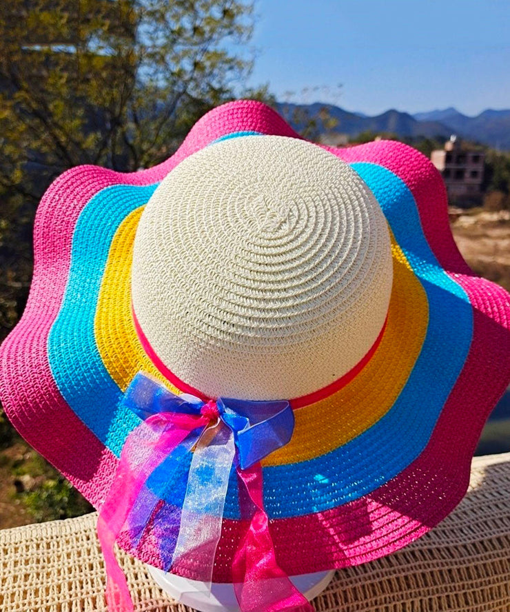 Handmade Rainbow Stripe Straw Woven Floppy Sun Hat