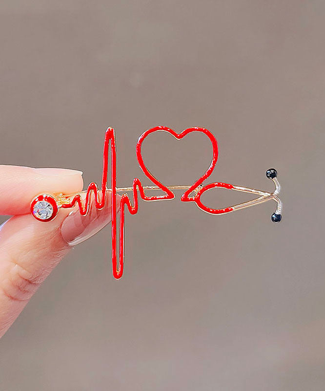 Handmade Red Alloy Zircon ECG Love Brooches