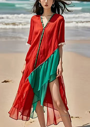 Handmade Red Asymmetrical Patchwork Tulle Vacation Dress Summer