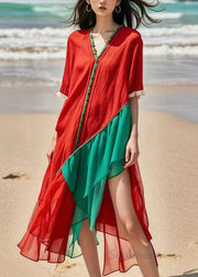 Handmade Red Asymmetrical Patchwork Tulle Vacation Dress Summer