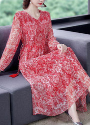 Handmade Red Cinched Print Silk Long Dress Spring