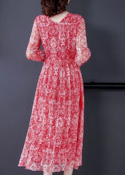 Handmade Red Cinched Print Silk Long Dress Spring