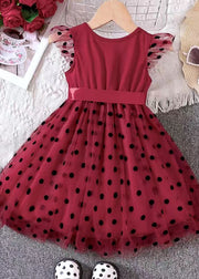 Handmade Red Dot Bow Tulle Patchwork Kids Holiday Dress Sleeveless