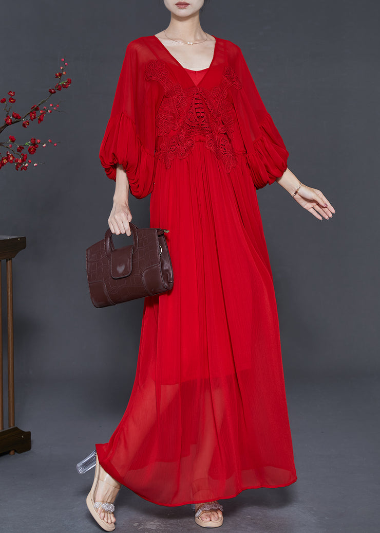 Handmade Red Embroidered Patchwork Chiffon Party Dress Lantern Sleeve