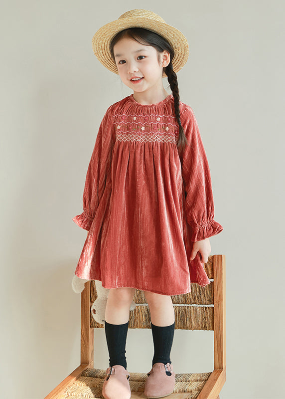 Handmade Red Embroideried Floral Silk Velour Kids Holiday Maxi Dress Lantern Sleeve