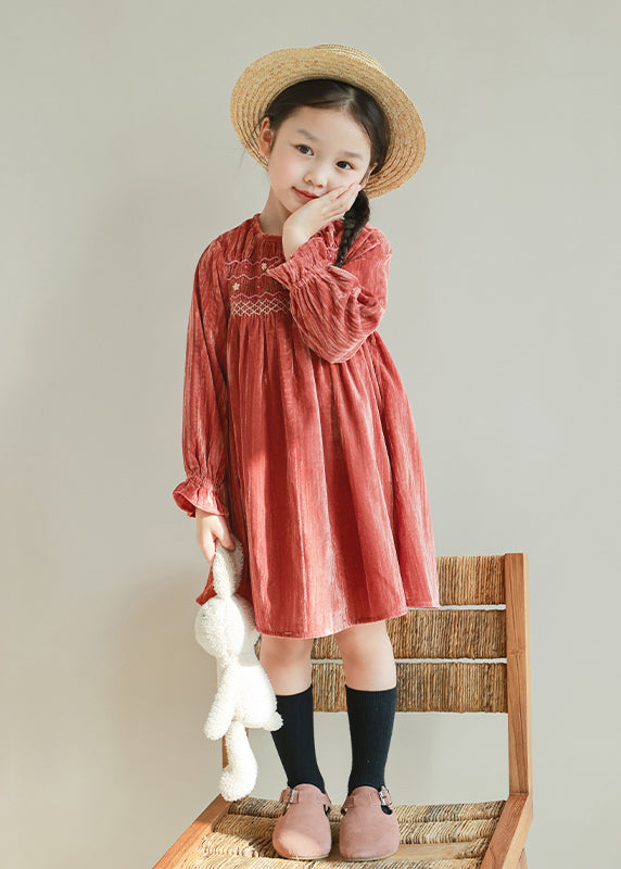 Handmade Red Embroideried Floral Silk Velour Kids Holiday Maxi Dress Lantern Sleeve