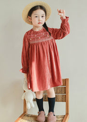 Handmade Red Embroideried Floral Silk Velour Kids Holiday Maxi Dress Lantern Sleeve