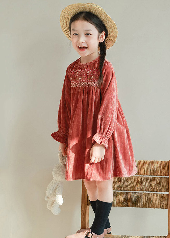 Handmade Red Embroideried Floral Silk Velour Kids Holiday Maxi Dress Lantern Sleeve