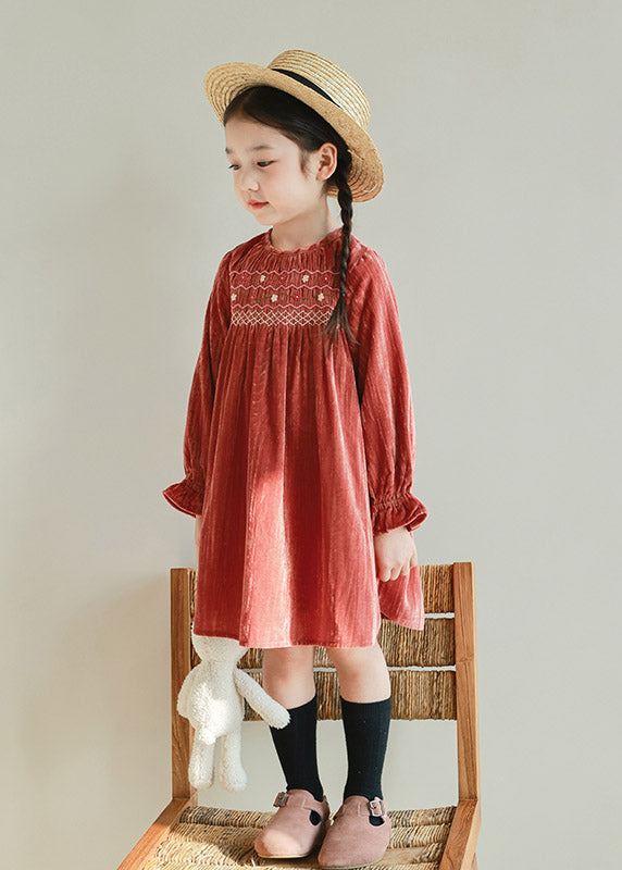 Handmade Red Embroideried Floral Silk Velour Kids Holiday Maxi Dress Lantern Sleeve