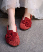 Handmade Red Flat Shoes Sheepskin Women Splicing Floral