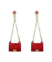 Handmade Red Handbag Zircon Tassel Metal Stud Earrings