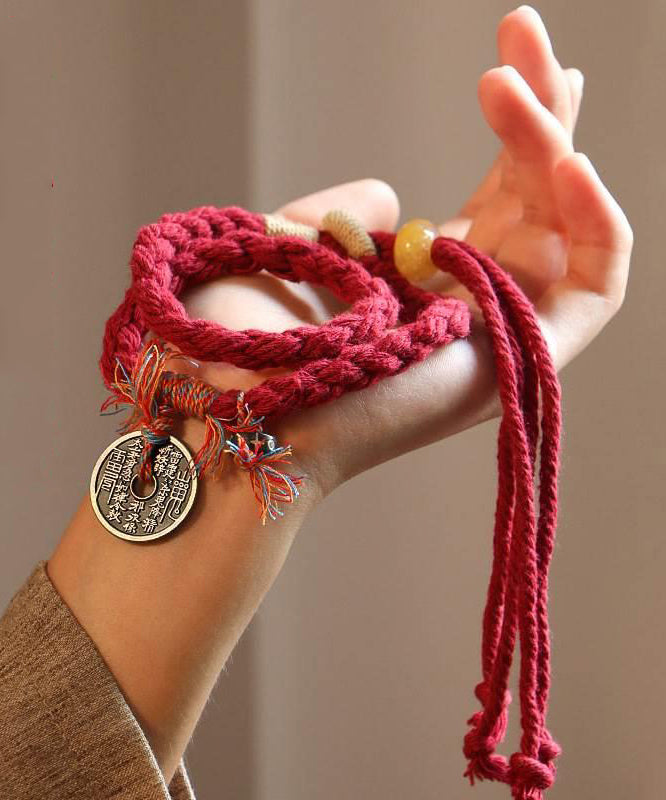 Handmade Red Handmade Weaving Copper Coins Yarn Tassel Charm Bracelet