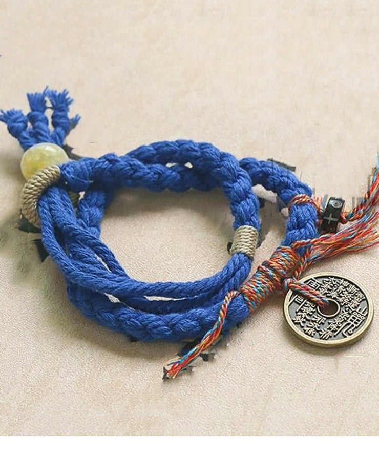 Handmade Red Handmade Weaving Copper Coins Yarn Tassel Charm Bracelet