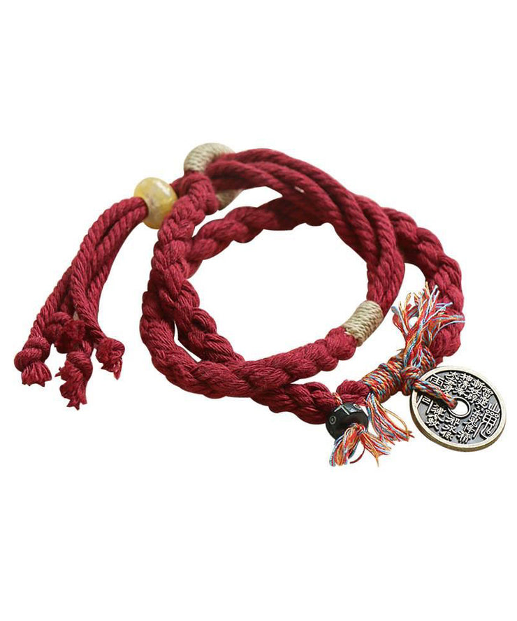 Handmade Red Handmade Weaving Copper Coins Yarn Tassel Charm Bracelet