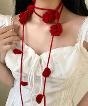 Handmade Red Knit Cotton Rose Leaves Tassel Scarf Necklace