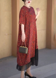 Handmade Red O-Neck Asymmetrical Patchwork Silk Linen Long Dress Half Sleeve