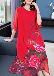 Handmade Red O Neck Floral Patchwork Chiffon Dress Summer