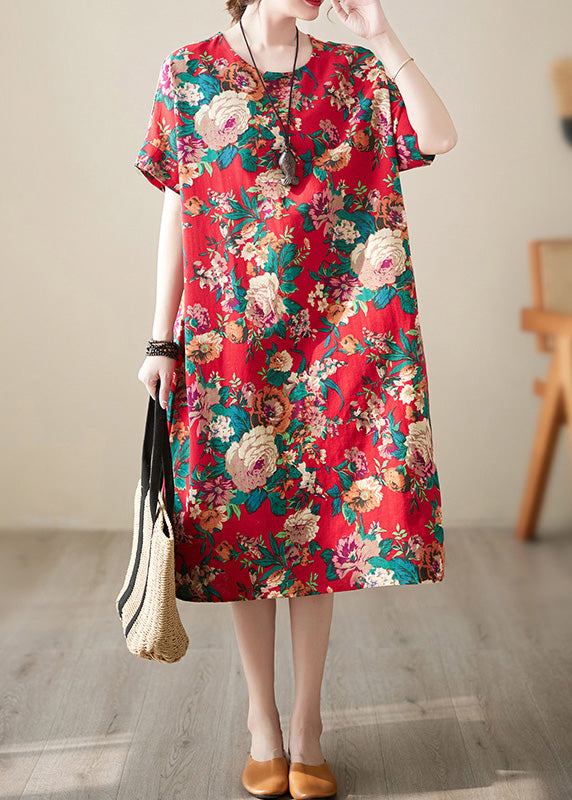 Handmade Red O-Neck Print Cotton Long Dress Short Sleeve