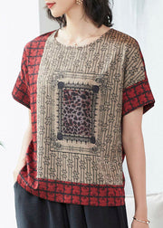 Handmade Red O Neck Print Patchwork Silk T Shirt Top Short Sleeve