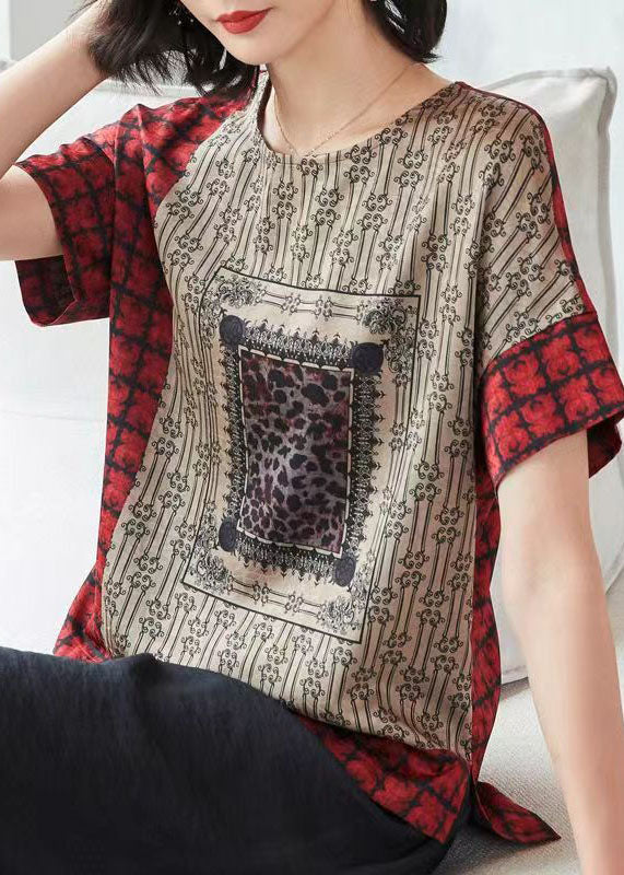 Handmade Red O Neck Print Patchwork Silk T Shirt Top Short Sleeve