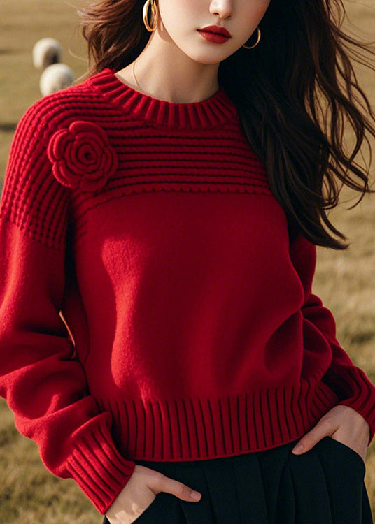 Handmade Red O Neck Thick Floral Knit Sweaters Winter