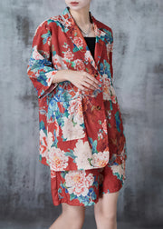 Handmade Red Oversized Floral Linen Two Piece Set Summer