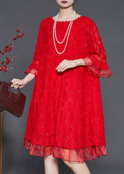 Handmade Red Oversized Patchwork Lace Mid Dress Flare Sleeve