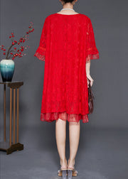 Handmade Red Oversized Patchwork Lace Mid Dress Flare Sleeve