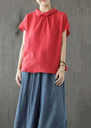 Handmade Red Peter Pan Collar Button Patchwork Linen Top Short Sleeve