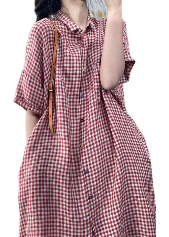 Handmade Red Peter Pan Collar Plaid Cotton Shirts Dress Summer