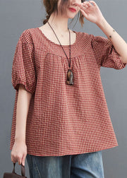 Handmade Red Plaid O Neck Patchwork Cotton T Shirt Top Short Sleeve