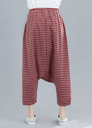 Handmade Red Plaid Pockets Patchwork Cotton Crop Pants Summer