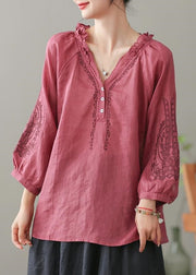 Handmade Red Ruffled Embroidered Linen Shirt Spring