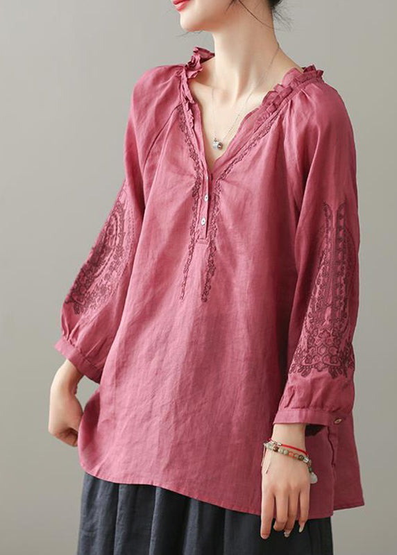 Handmade Red Ruffled Embroidered Linen Shirt Spring