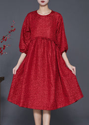 Handmade Red Ruffled Jacquard Spandex Dresses Half Sleeve