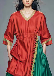 Handmade Red Ruffled Patchwork Cotton Long Dress Summer