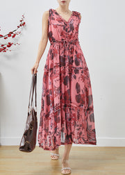 Handmade Red Ruffled Print Chiffon Long Dress Sleeveless