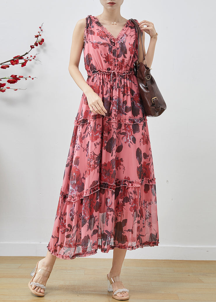 Handmade Red Ruffled Print Chiffon Long Dress Sleeveless