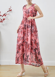 Handmade Red Ruffled Print Chiffon Long Dress Sleeveless