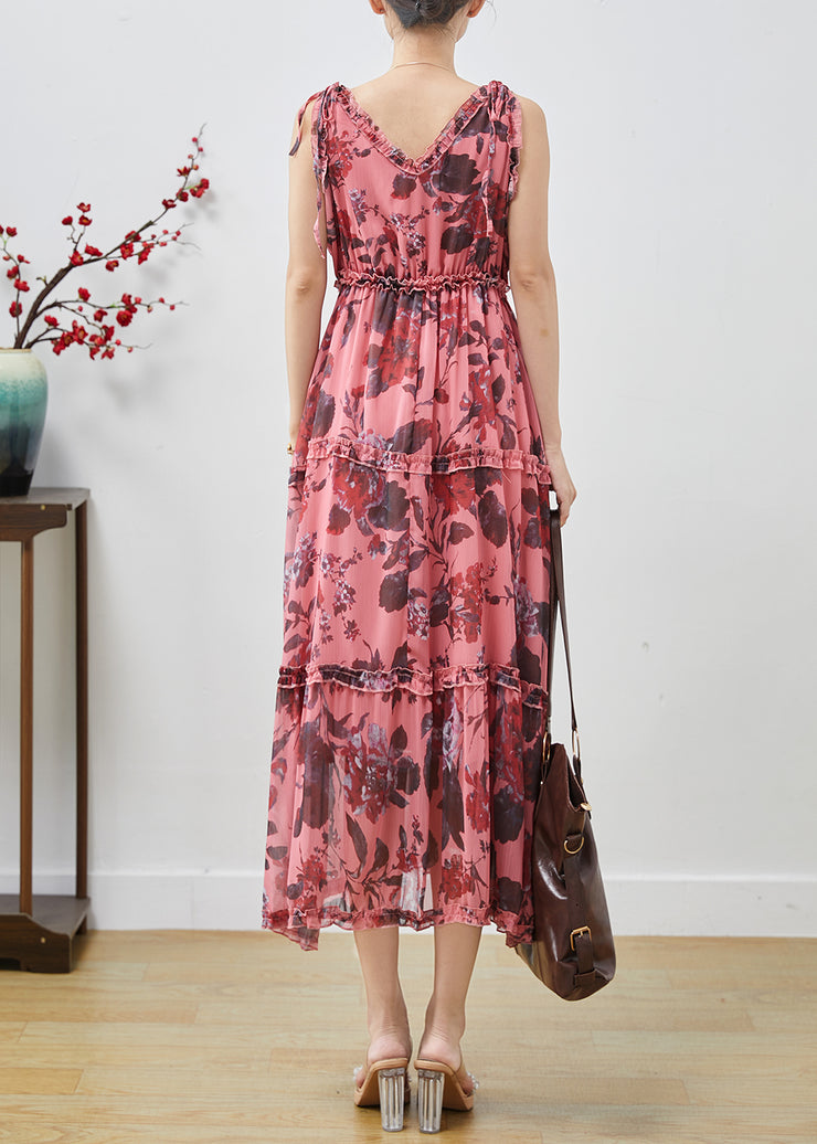 Handmade Red Ruffled Print Chiffon Long Dress Sleeveless