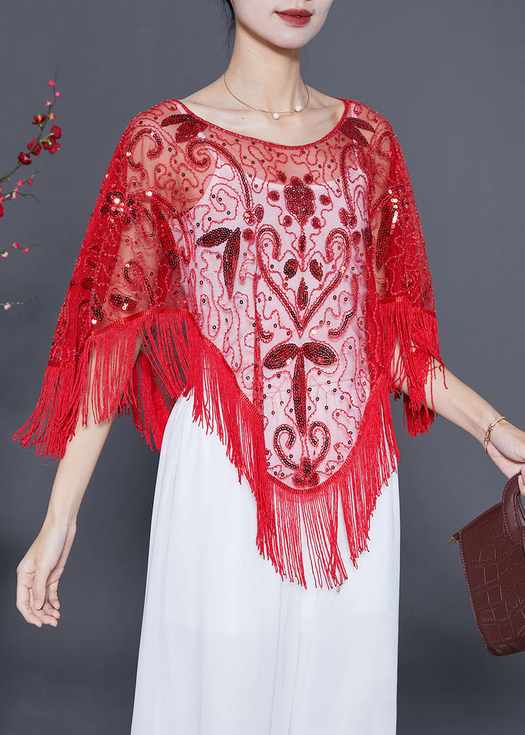 Handmade Red Sequins Tassel Tulle Tops Summer