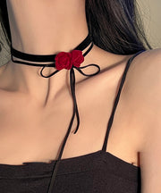 Handmade Red Silk Velvet Floral Bow Pendant Necklace