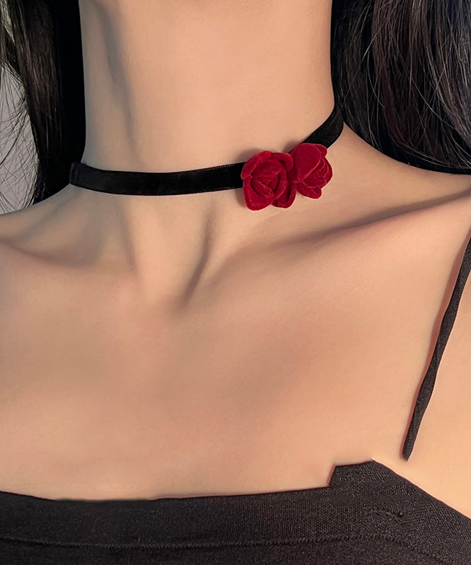 Handmade Red Silk Velvet Floral Bow Pendant Necklace