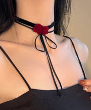 Handmade Red Silk Velvet Floral Bow Pendant Necklace