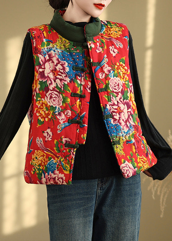 Handmade Red Stand Collar Print Chinese Button Fine Cotton Filled Vest Sleeveless