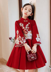 Handmade Red Stand Collar Wrinkled Girls Long Dress Spring